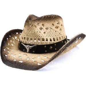 Women's Straw Wide with Shapeable Brim Cowboy Hat White/Black Almond & Coffee